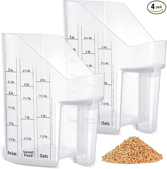 Uiifan 4 Pcs Plastic Feed Scoop with Measurements 3 Quarts Horse Feed Scoop for Livestock Reusable for Horse Goat Sheep Cattle Feeding Supplies (White)