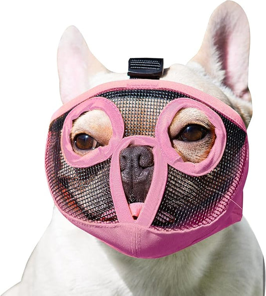 Short Snout Dog Muzzles- Adjustable Breathable Mesh Bulldog Muzzle for Biting Chewing Licking Training Grooming Dog Mask (Pink, X-Large/ 18"-25")