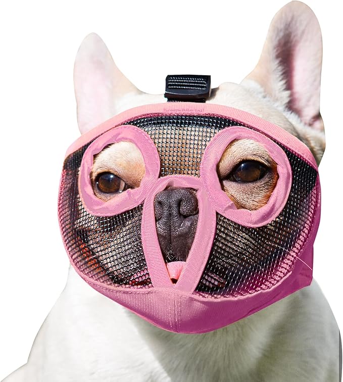 Short Snout Dog Muzzles- Adjustable Breathable Mesh Bulldog Muzzle for Biting Chewing Licking Training Grooming Dog Mask (Pink, Medium/11-17")