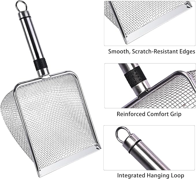 2-Pack Stainless Steel Cat Litter Scoop, 3.8mm Fine Mesh & 5mm Metal Scooper, 5.5-Inch Wide Deep Shovel, Long Handle, Rustproof Cat Poop Scooper for Clumping Litter, Multi-Pet & Beach Sand
