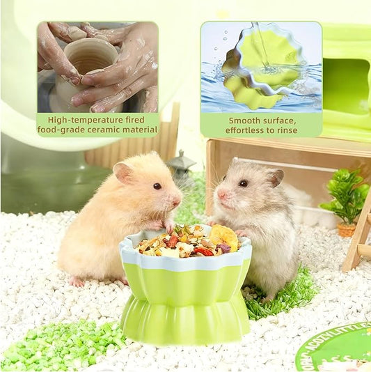 Ceramic Hamster Food Bowl Elevated Hamster Bowl Non-Tip Rat Feeding Dish with Water Bottle for Dwarf Gerbil Mouse Mice Sugar Glider (Green)