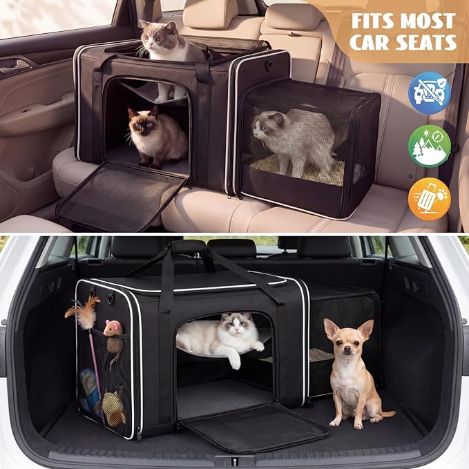 Extra Large Cat Carrier with Built-in Litter Box for Car Travel & Road Trips, Expands to 36"x17"x17", Soft-sided Foldable Travel Crate for 1-2 Large Cats, Multi-entry, Ventilated Mesh, Seat Belt Ready