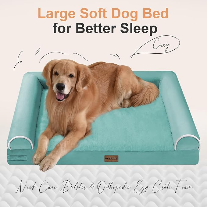 NANUYA Orthopedic Dog Bed for Jumbo Dogs, 53 x 42 Inch, Aqua Blue | Egg crate foam for joint support, 3-sided bolster pet sofa, waterproof lining, washable cover, and non-skid base