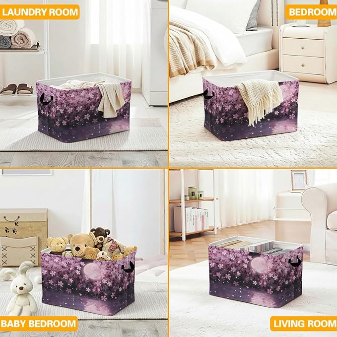 56L Cherry Blossoms Laundry Basket Clothes Hamper with Handles,Foldable Blanket Storage Large Laundry Hamper with Waterproof PE,Toy Storage Bin Organizer,Cube Clothes Organizer,Home Decor