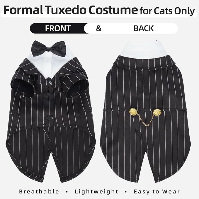 QBLEEV Cat Tuxedo Outfit with Bow Tie, Sphynx Cat Costume Formal Suit Wear | Soft breathable, stylish hairless clothes for cats only, kitten wedding birthday party shirt apparel for male boy