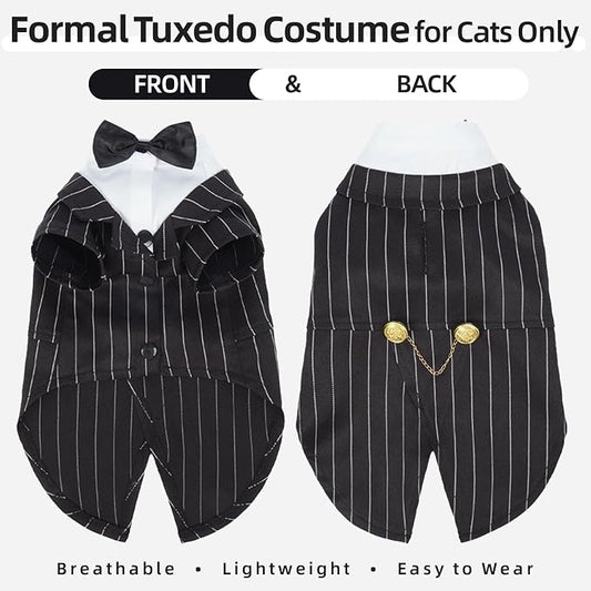 QBLEEV Cat Tuxedo Outfit with Bow Tie, Sphynx Cat Costume Formal Suit Wear | Soft breathable, stylish hairless clothes for cats only, kitten wedding birthday party shirt apparel for male boy