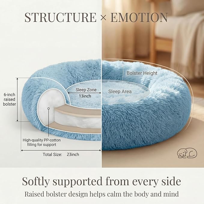 Calming Donut Dogs Beds for Small Dogs Washable,23inch Plush Round Pet Bed for Cozy Sleep,Fluffy Faux Fur Large Cat Bed,Fits up to 25 lbs Pets,Washed Blue