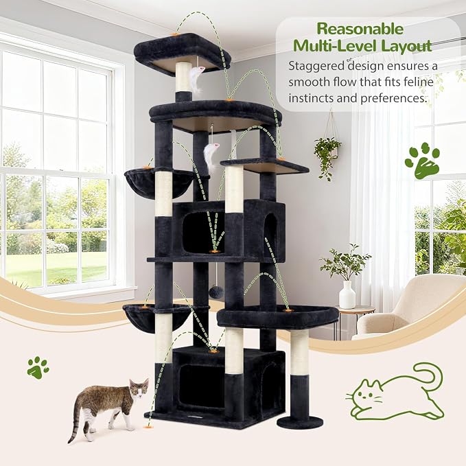 Globlazer Cat Tree for Large Cats, 75in Tall Multi-Level Heavy Duty Cat Tower for Indoor Cats with Extended Platform, 2 Spacious Condos, 2 Padded Perches, 6 Sisal Scratching Posts, S75, Dark Grey