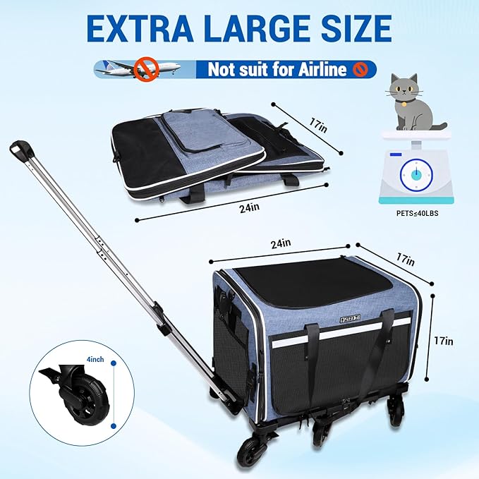 Petskd Extra Large Pet Carrier with Wheels for Large Cat or Medium Dog, 24" X 17" X 15" Soft-Sided Rolling Dog Cat Carrier for Indoor and Outdoor Uses, Support up to 40 Lbs, Blue