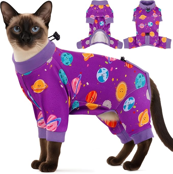 DENTRUN Cat Clothes for Hair Control with Hair Sticky Fabric - Soft Recovery Suit & Breathable Lint-Resistant Cat Sweater for Cats Only, Kitten Onesie Pajamas, XL, Purple