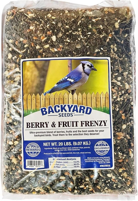 Backyard Seeds Berries 'N Fruit Bird Seed Mix 20lbs - Premium Blend with Dried Fruit & Berries, Large Bag of Wild Bird Food