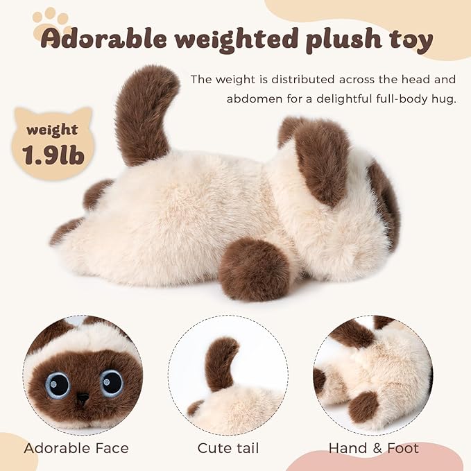 YOUBLEK 1.9lbs Weighted Stuffed Animals Siamese Cat - Siamese Cat Plush Toy, Cute cat Stuffed Animal Cuddle Plushies Gift for Kids & Adults