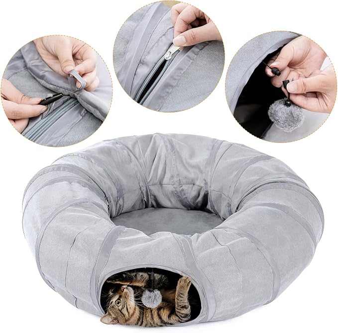 PAWZ Road Donut Cat Tunnel Bed with Center Mat, Peek Hole & Hanging Balls | Large Collapsible Cat Tunnel Donut with Soft Center Mat, Peek Hole, Interactive Hanging Ball, Cat Play Tunnel for Indoor Cats