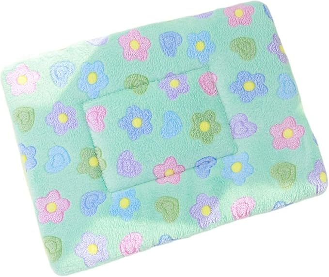 Double Sided Plush Small Animal Bed, Washable Guinea Pig Bunny Bedding, Reversible Flannel Mat for Hamster Ferret Rabbit Cat Dog, Cozy Fleece Cage Liner Pad (Light Green Floral)