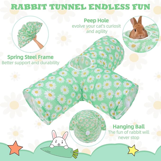 BWOGUE Bunny Tunnels & Tubes Collapsible 3 Way Bunny Hideout Small Animal Activity Tunnel Toys for Dwarf Rabbits Guinea Pigs Kitty