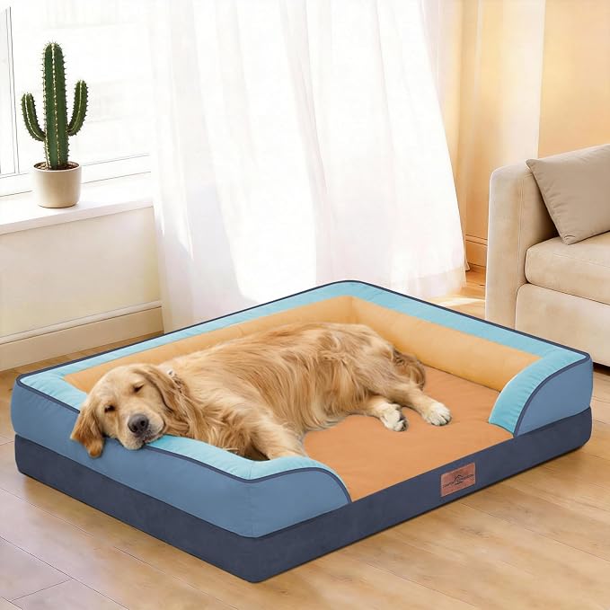 Comfort Expression Orthopedic Dog Bed for Extra Large Dogs with Bolster | Waterproof Dog Couch Bed with Washable Cover & Non-Slip Bottom, Supportive Egg Crate Foam XL Pet Bed, 42x30 Inch