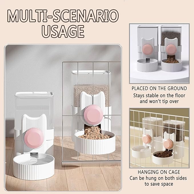 kathson Hanging Automatic Pet Food and Water Dispenser,Gravity Auto Rabbit Feeder for Cage,Guinea Pig Feeder and Waterer Set,Cat Food Bowl Dog Feeding Station for Bunny,Ferret,Chinchilla (Pink)