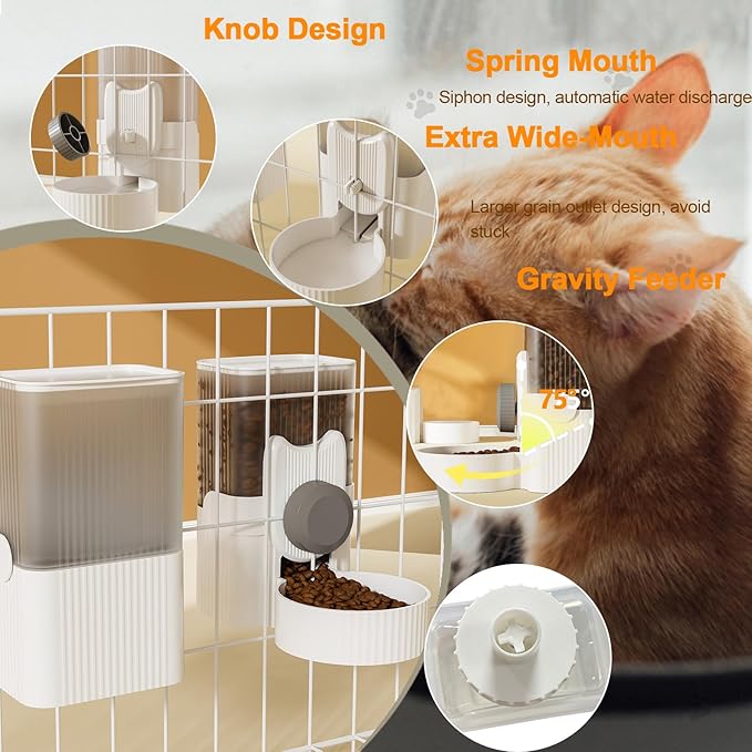 Lemtrflo Rabbit Feeder for Cage,Hanging Automatic Cat Feeder and Water Dispenser,Ferret Cage Accessories,Food Water Bowl for Cats Rabbit Guinea Pig Cages(Cage Grid Spacing Over 1.2'')