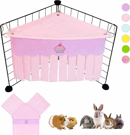 Guinea Pig Hideout, Cute Guinea Pig Corner Fleece Forest Hideaway 3-Side Curtain, Rabbit Hammock Toy and House Bed for Bunny, Ferret, Rat, Chinchilla and Small Animal Cage Accessories (Pink)