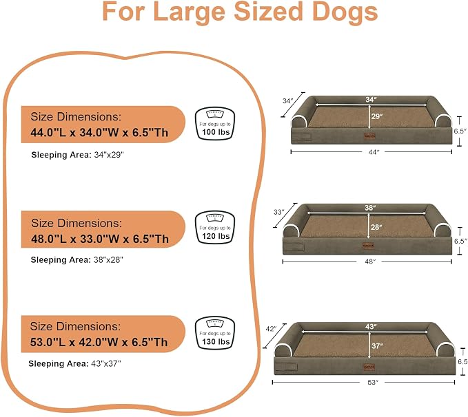 NANUYA Orthopedic Dog Bed for Jumbo Dogs, 48 x 33 Inch, Brown | Egg crate foam for joint support, 3-sided bolster pet sofa, waterproof lining, washable cover, and non-skid base