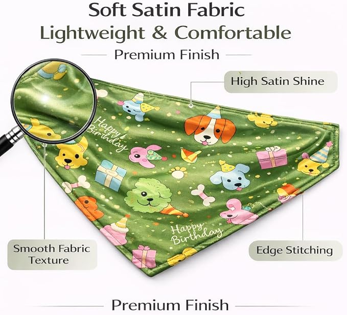 Luxury Satin Dog Bandana – Slip-On Collar Style, Premium Pet Scarf for Medium, Large & XL Dogs – Special Occasion Accessory (Collar Not Included) (Medium - Extra Large, Bday (Green))