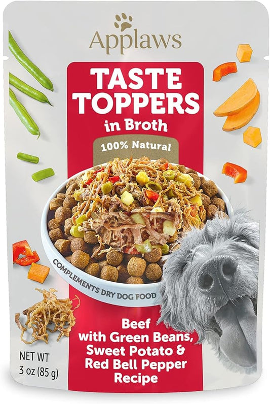 Applaws Taste Toppers, Limited Ingredient Dog Food Topper, Beef with Green Beans, Sweet Potato & Red Pepper in Broth (12 x 3oz Pouches)