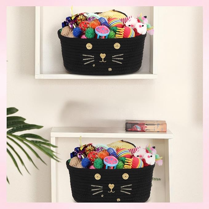 Zopeal 58 Pcs Mother’s Day Cat Storage Basket Gift Toys Set, Colorful Flashing Balls Pet Bell Crinkle Balls Spring Toys Attract Cat to Swat, Hunt, Interactive for Pet(Black,9.8 Inch)