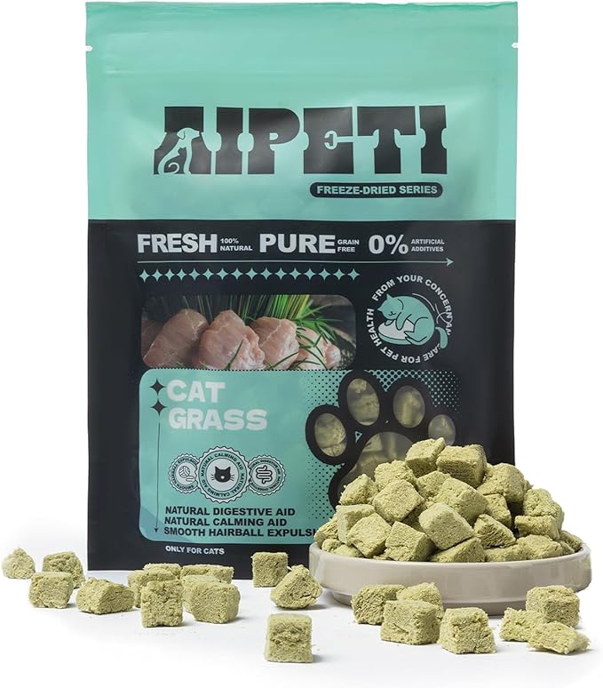 Freeze Dried Cat Grass & Chicken Treats (3.53oz/100g) - Natural Hairball Relief & Digestive Support - Dental Cat Chews for Teeth Cleaning & Fresh Breath - Grain-Free
