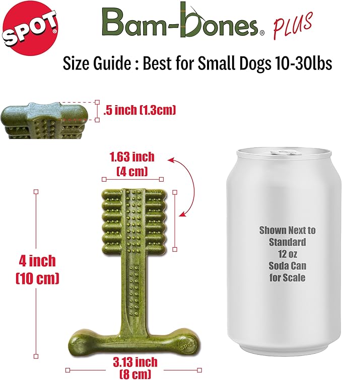 SPOT Bam-Bones Plus Toothbrush Dog Chew Toy for Small Dogs 10–30 lbs, Bamboo & Nylon Dental Chew with Mint & Baking Soda, Cleans Teeth & Freshens Breath, for Moderate to Heavy Chewers, 4 Inch