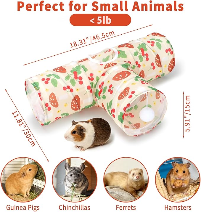 Rypet 3-Way Guinea Pig Tunnel, Collapsible Small Animal Enrichment Toy with Ball, Foldable Rabbit & Hamster Tunnel for Boredom Relief, Washable, Indoor/Outdoor Play