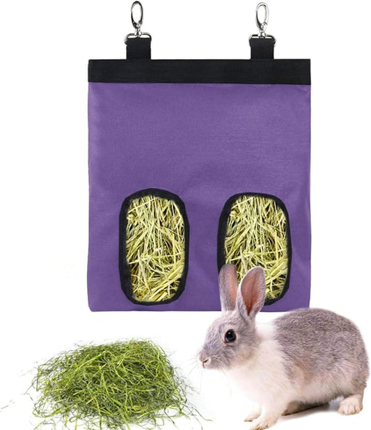 Rabbit Hay Feeder Bag Guinea Pigs Hanging Hay Rack Manger Holder Dispenser Small Animal Feeder Storage Pouch for Bunny Chinchilla Hamster (Purple, 2 Windows)