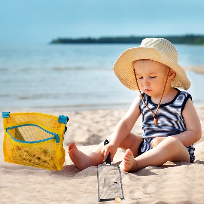 MUYIZI Beach Mesh Shovel with Mesh Beach Bag for Shell Collecting, Kids Sand Sifter for The Beaches,Shell Scooper for Beaches,Shark Tooth Sifter Dipper,Sea Shell Bags for Kids,Sand Toys (Yellow+Blue)