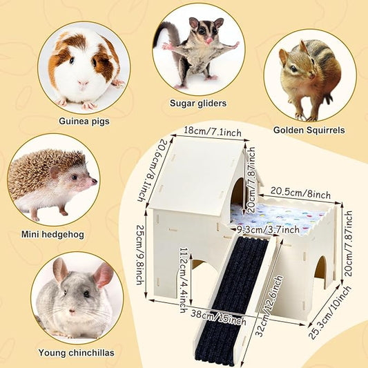 PETKNOWS Guinea Pig Hideout, Upgraded Guinea Pig Castle with Guinea Pig Ramp and Mats Large Guinea Pigs House for Playing Easy Assembly Wooden Guinea Pig Hideout for Small Animal Habitats