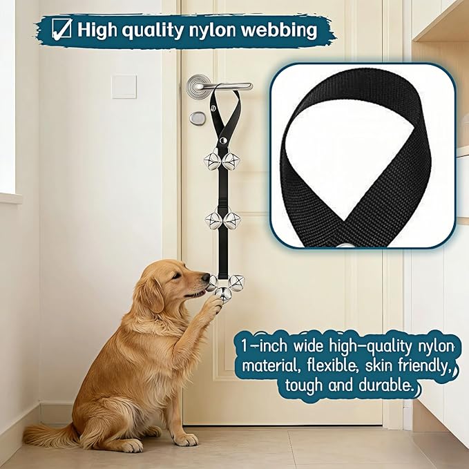 Dog Doorbell for Potty Training, Adjustable Length with 7 Extra Loud Bells, Black Nylon Strap with Metal Bells, 31-33 Inches