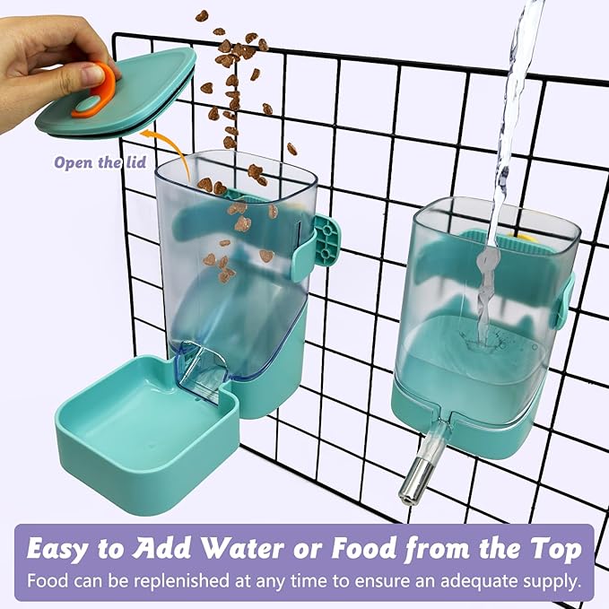 34oz Automatic Rabbit Food Dispenser for Cage Hanging Guinea Pig Feeder No Drip Bunny Food Bowl for Ferret Rat Hamster Chinchilla and Other Small Animals (Green)