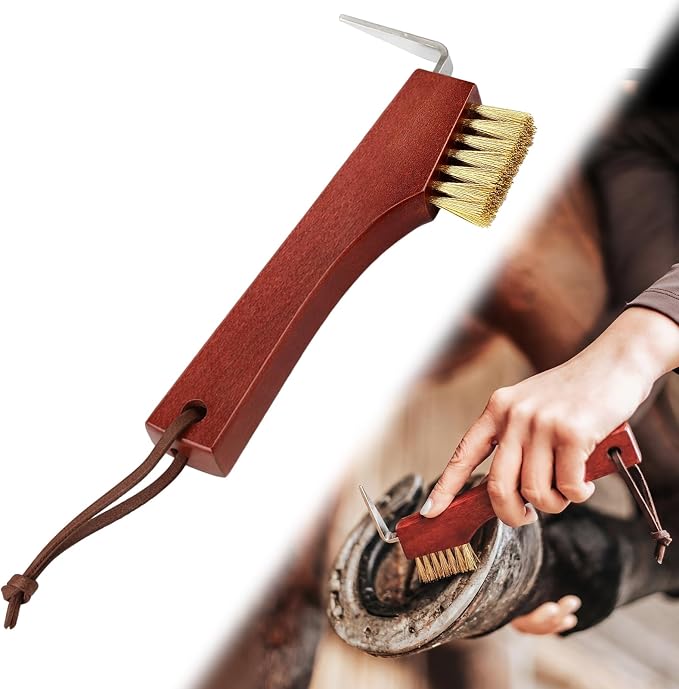 Shinylin Horse Hoof Pick with Brass Wire Brush and Wooden Grip Farrier Tool Hoof Pick Supplies for Horse Cleaning and Grooming
