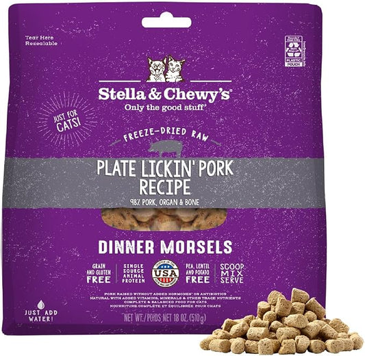 Stella & Chewy's Freeze-Dried Raw Cat Dinner Morsels - Premium Pork Recipe with 98% Responsibly-Sourced Meat & Organs - Natural Grain-Free Cat & Kitten Food - Made in USA - 18 oz