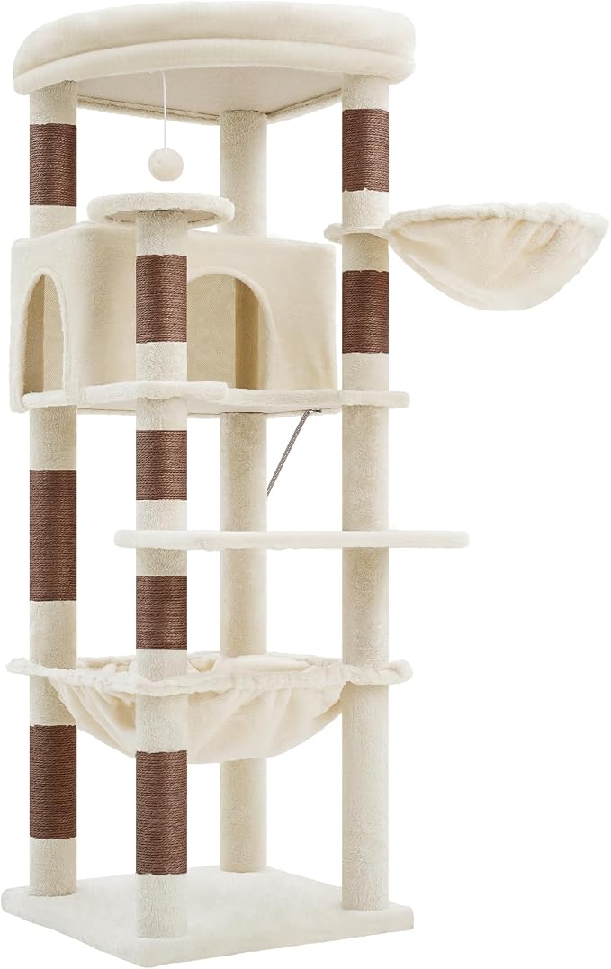 Heybly Cat Tree, 53.1-Inch Corner Stable Cat Tower for Large Indoor Cats, Well-Structured Interactive Cat Condo with Fan-Shaped Top Perch, Cozy Condo, Sturdy Base, Basket & Hammock, Beige HCT029MJ
