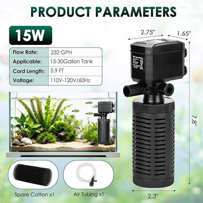 hygger 15-30 Gallon Little Submersible Aquarium Filter in-Tank Filtration with Aeration for Saltwater and Freshwater Fish Tank Internal Filters 232GPH