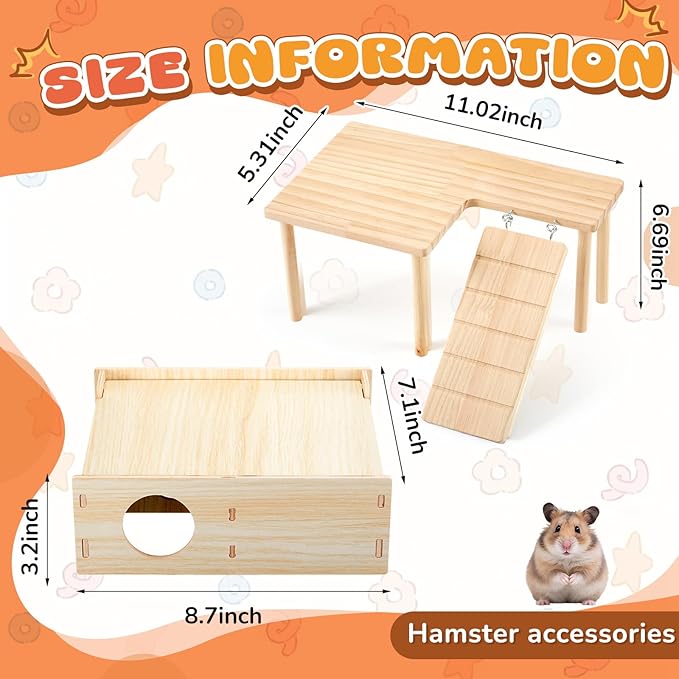 2 Pcs Natural Wooden Hamster Platform & Multi-Chamber Hideout, Flip-top Labyrinth Tunnel Cage Accessories for Syrian Dwarf Hamsters, Gerbils, Mice, Stress Relief Small Animal Habitat Decor
