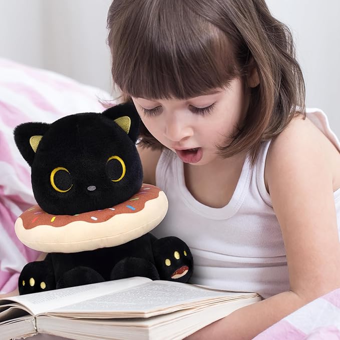 Black Cat Plush, 8inch Donut Black Cat Stuffed Animal Cute Plushies Toys for Girls Boys, Kawaii Kitten Plushie for Kids Adult, Birthday