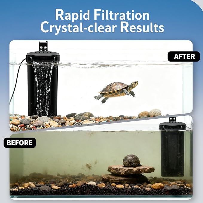 Small Aquarium Filter, Fish Tank Filter, Turtle Tank Filter,Ultra Silent 3.5W Low-Water Reptile Waterfall Filter for 1-15 Gallon (Black Filter)