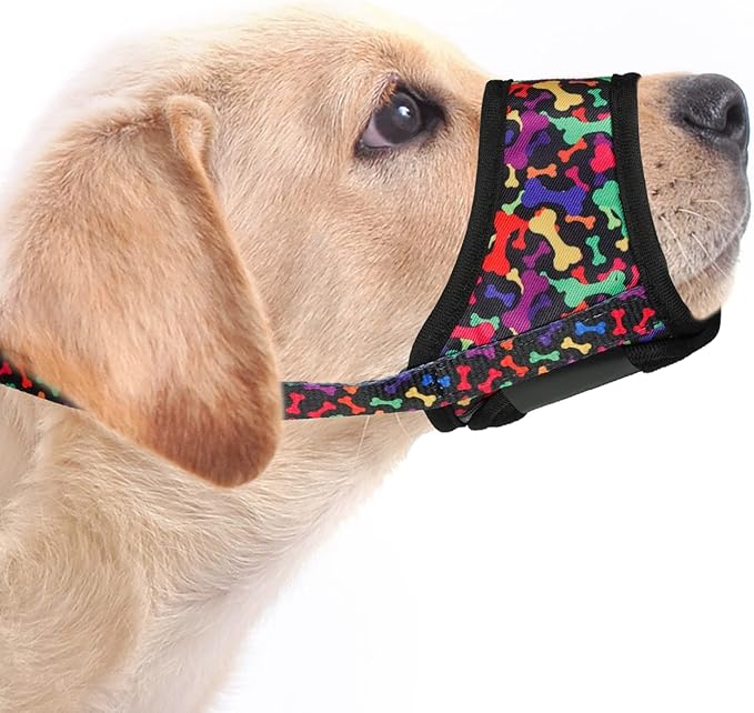 LUCKYPAW Dog Muzzle Anti Biting Barking and Chewing with Comfortable Mesh Soft Fabric and Adjustable Strap, Suitable for Small, Medium and Large Dogs(Black Bone,XL)