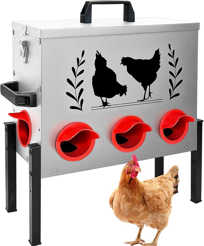 No Waste Automatic Chicken Feeder (50 LB), Rodent Resistant Metal Poultry Feeder with Locking Lid, Adjustable Stand & 8 Ports, Heavy Duty Weatherproof Feed Box for Hens, Ducks