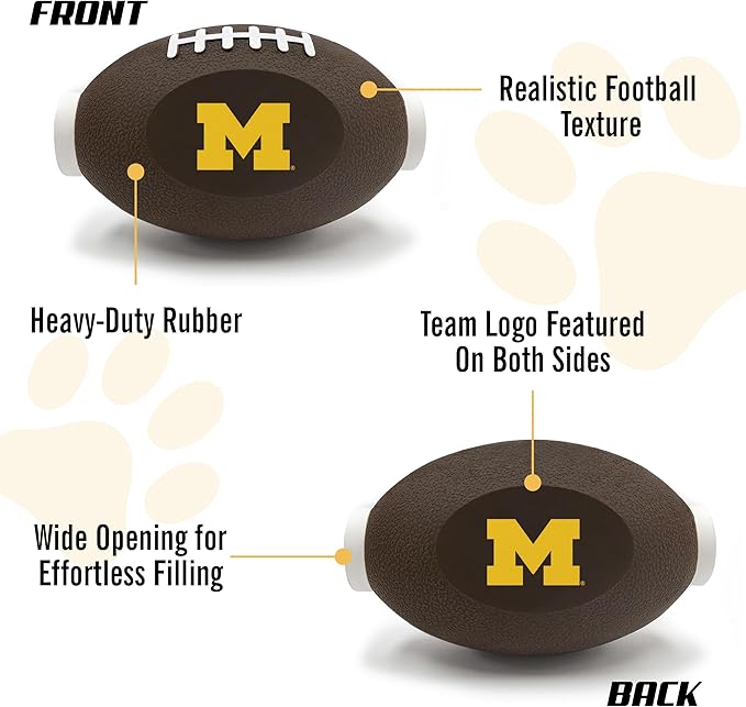 Pets First NCAA Michigan Wolverines Football Treat Dispensing Toy for Dogs and Cats, Rubber Ball Pet Toy, Interactive Fun Doggie Treat Toy, Natural Rubber Feeding Toy (MI-3622)