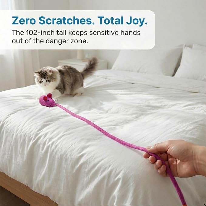 Glaciart One Felt Mouse Cat Toy – Soft Fuzzy Enrichment 100% Natural Wool - Interactive Catnip Play Cat Toy Set - Safe for Pets, Non-AZO Colored Dyes - 100” Long