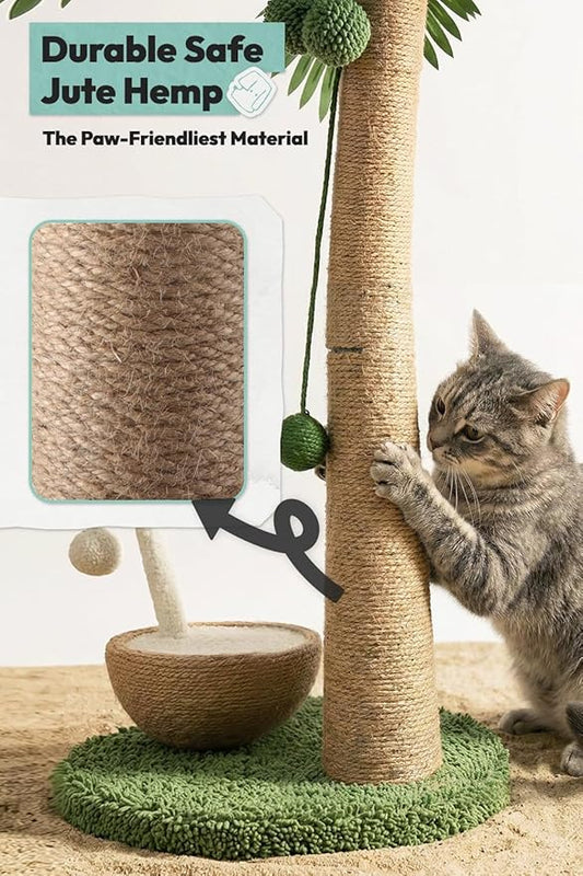 33" Tall Cat Scratching Post, Natural Jute Cat Scratcher for Indoor Cats,Coconut Tree & Straw Design with Hanging Toy Ball & Rest Platform,Stable Furniture Protector for Kittens & Adult Cats,M