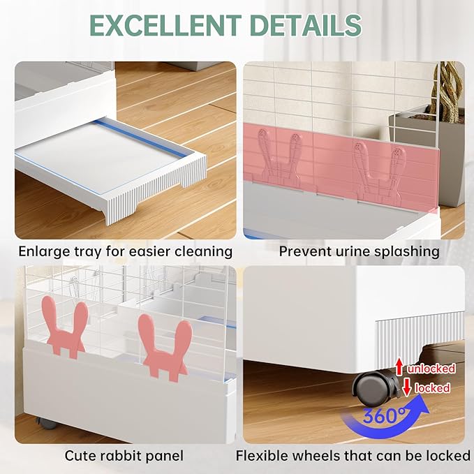Oneluck Large Rabbit Cage Indoor,2-Story Bunny Hutch with Rasied Urine-Proof Walls, Leak-Proof Trays, Wheels,37" L x22 W x 30" H for Rabbits, Chinchillas, Guinea Pig (Small, Transparent)