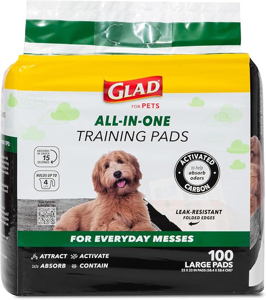 Glad for Pets Black Charcoal Puppy Pads, 6-Layer Leak-Proof Design with Activated Carbon Odor Control and Pheromone Attractant, Disposable Dog Pee Pads for Potty Training, 23 x 23 in, 100 Count - 2 Pk