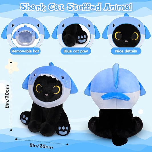 Shark Plush Stuffed Cat, 8inches Black Cat Plush with Blue Shark Hood Removable, Cute Plushies Kawaii Cat Stuffed Animal Doll Toy Valentines Day Gifts for Kids Boys Girl